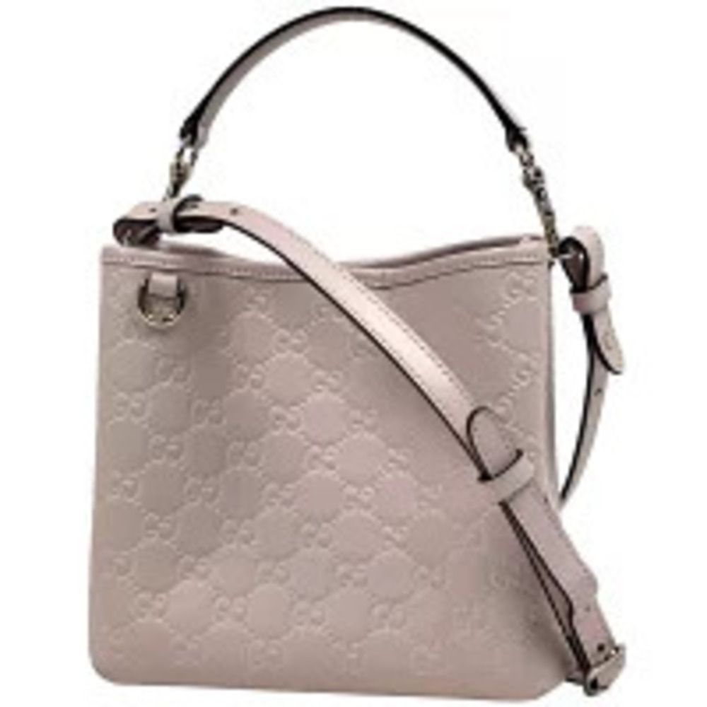 Gucci Bucket Bag GG Emblem Shoulder Handbag Leather Pink